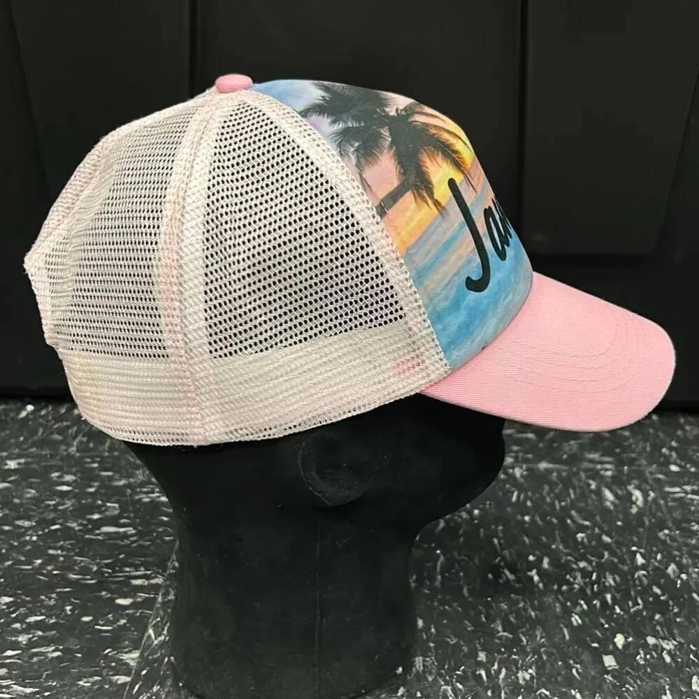 Jamaica Snapback Trucker Hat Pink White Sunset Palm Tree Beach One Love